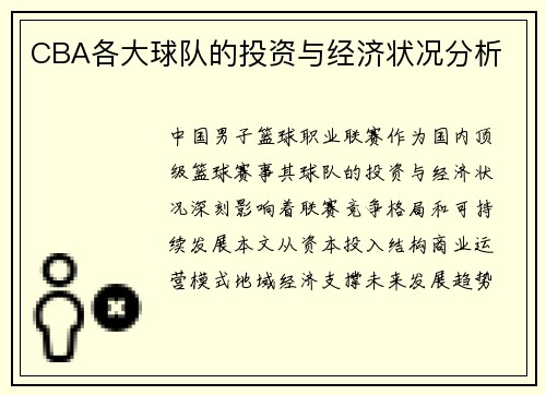 CBA各大球队的投资与经济状况分析